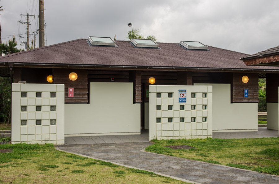 Modern restroom facilities with natural sky lighting